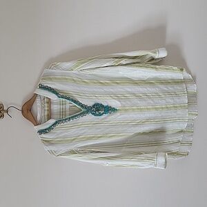 Soft Surroundings White Lime Striped Cotton Tunic Beaded Neckline Size Medium